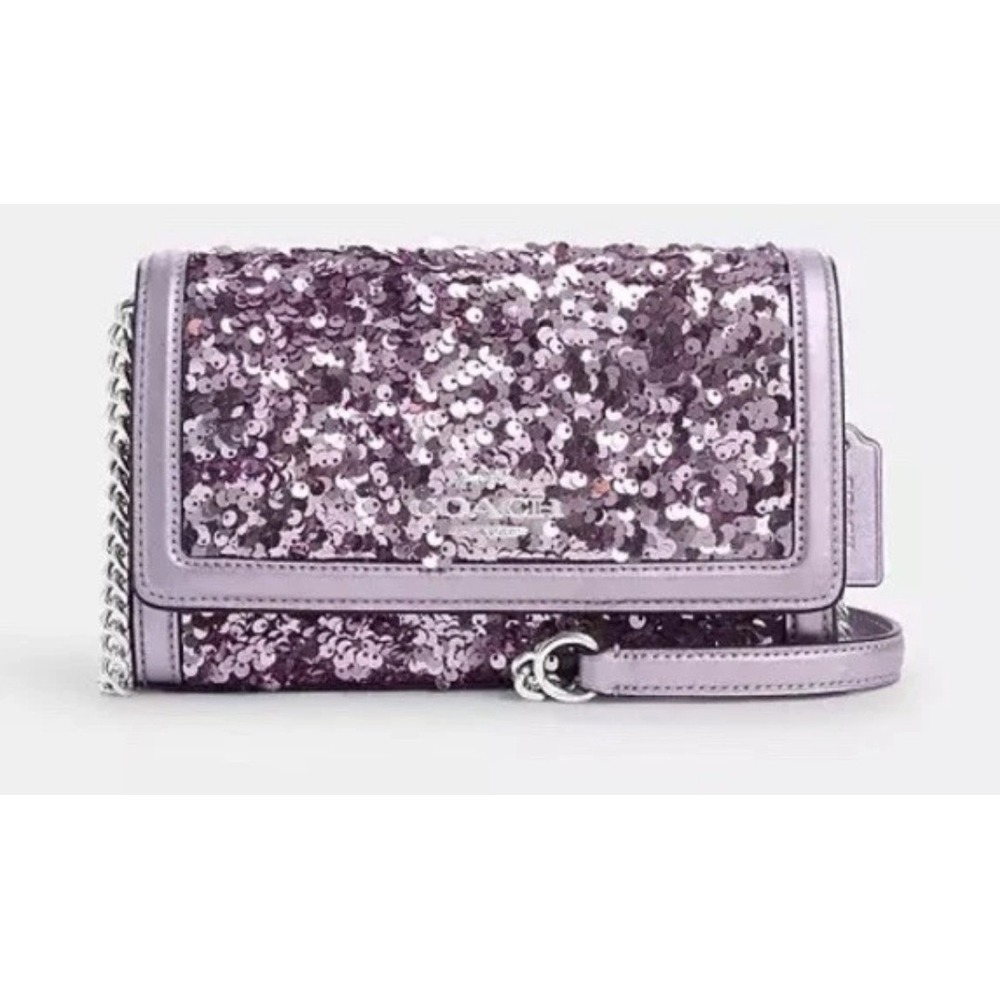 Coach Flap Clutch Crossbody Bag Purse Sequin CQ526 Lilac Purple Chain